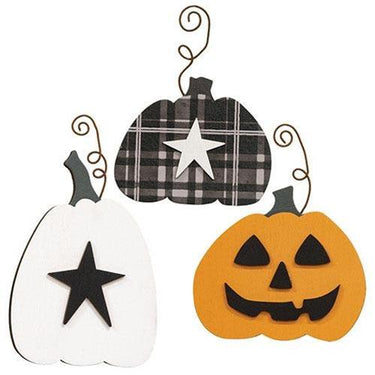 3 Set Wooden Pumpkin Ornament w Curly Wire Hanger - The Fox Decor